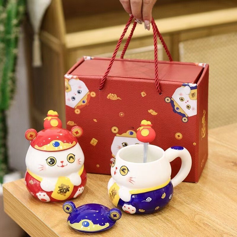 かわいい招き猫蓋付きマグカップ高颜値創意陶磁器カップお土産カップル家庭用オフィスカップ|undefined