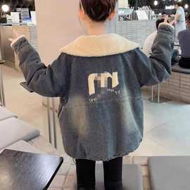 冬款2023新款儿童冬装洋气加厚女大童时髦上衣女童加绒牛仔外套潮
