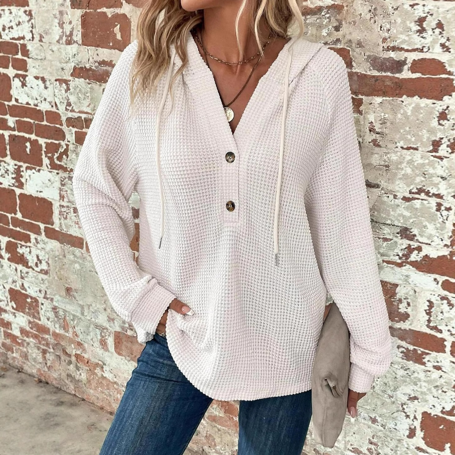 跨境新款女式连帽衫华夫格针织抽绳纽扣V领长袖套头休闲运动卫衣