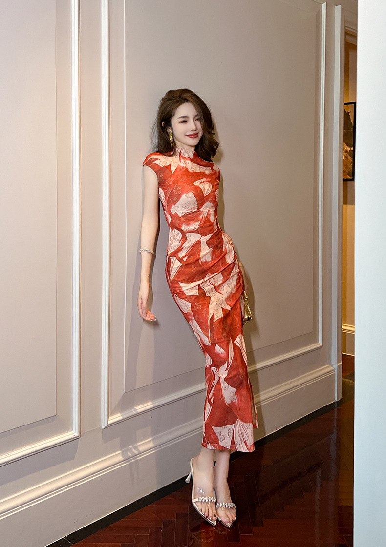 Đầm maxi nữ lưới in họa tiết retro xẻ tà dài — Đỏ cát Be chi tiết 5
