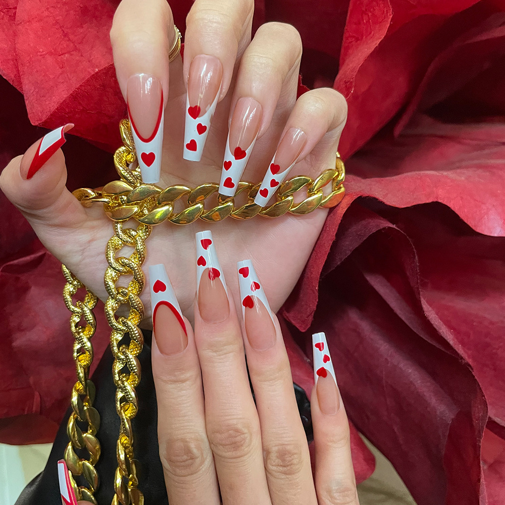 Uñas postizas francesas en forma de corazón estilo Y2K, puntas de uñas ultra largas tipo ballet, 24 piezas de uñas postizas mixtas al por mayor. image 1