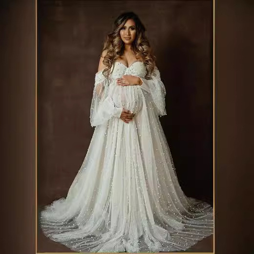 European and American Women's Wear Stitching Mesh Beads Shoulder Pregnant Women's Cross-border Dress Photography Mop dress 1241