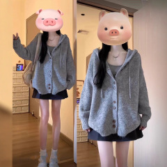 灰色连帽毛衣开衫外套女秋冬季韩系穿搭oversize慵懒风针织衫上衣