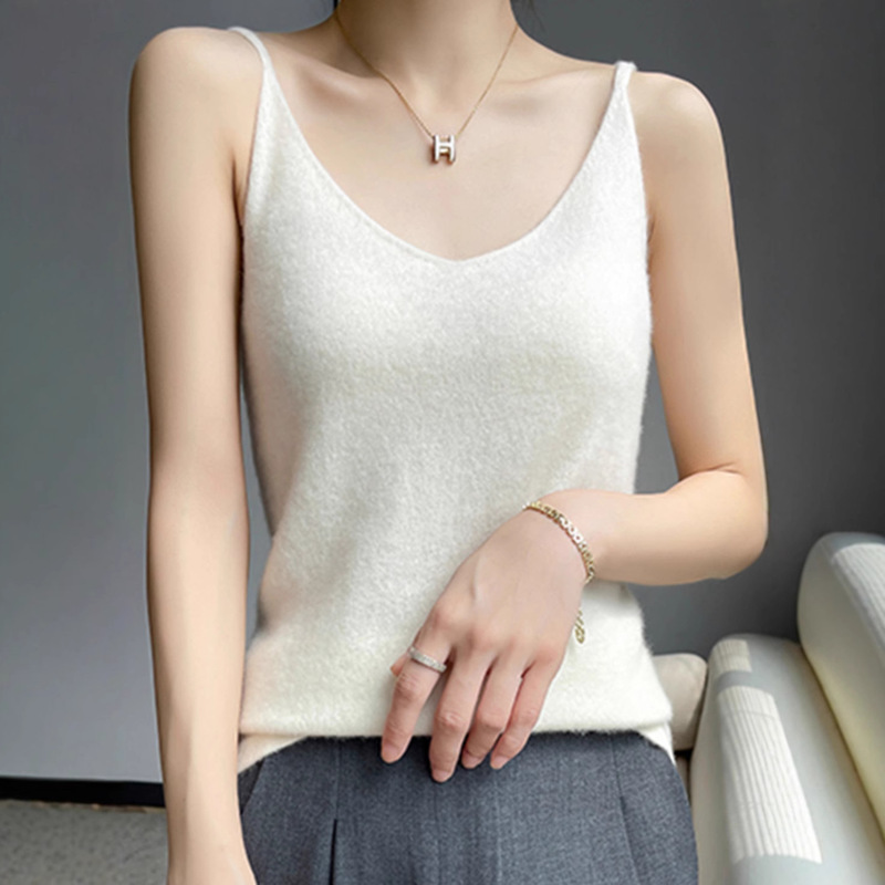 Wool Camisole 100% Pure Wool Knitted Camisole Women's Tank Top Base Layer Solid Color V-Neck Short Style