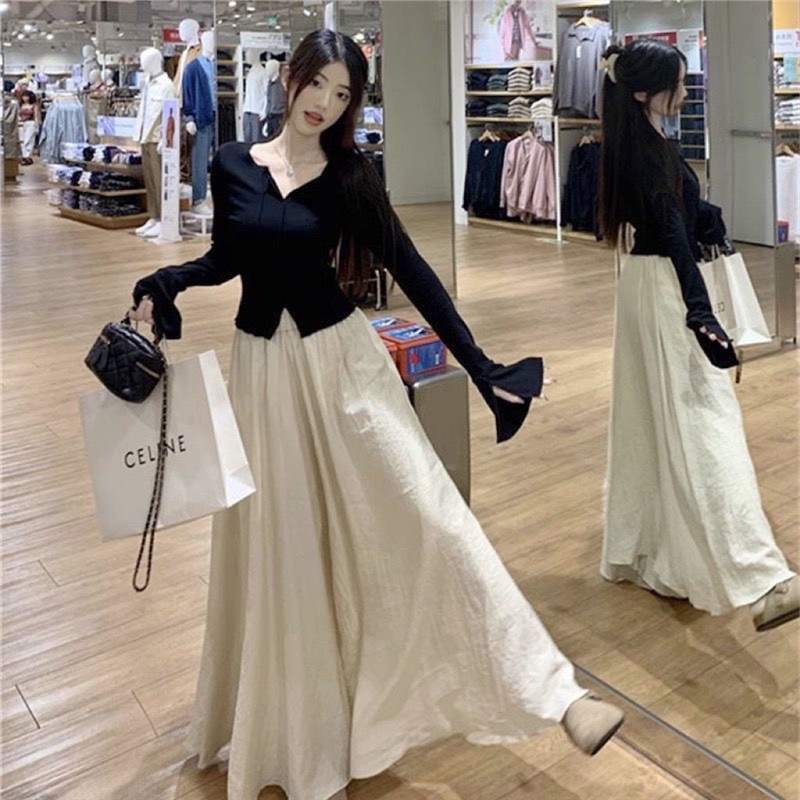 秋季新款女装套装休闲时尚v领喇叭袖上衣阔腿裤裙今年流行两件套|undefined