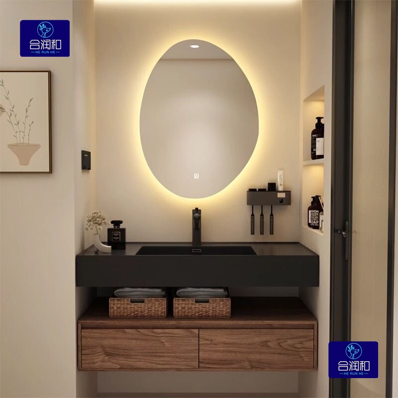 Nordic Black Walnut Color Bathroom Cabinet Set with Integrated Washbasin and Rock Countertop