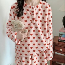 韩国ins女士秋冬新款韩版加绒加厚睡衣套装爱心长袖短裤居家服潮