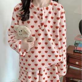 韩国ins女士秋冬新款韩版加绒加厚睡衣套装爱心长袖短裤居家服潮