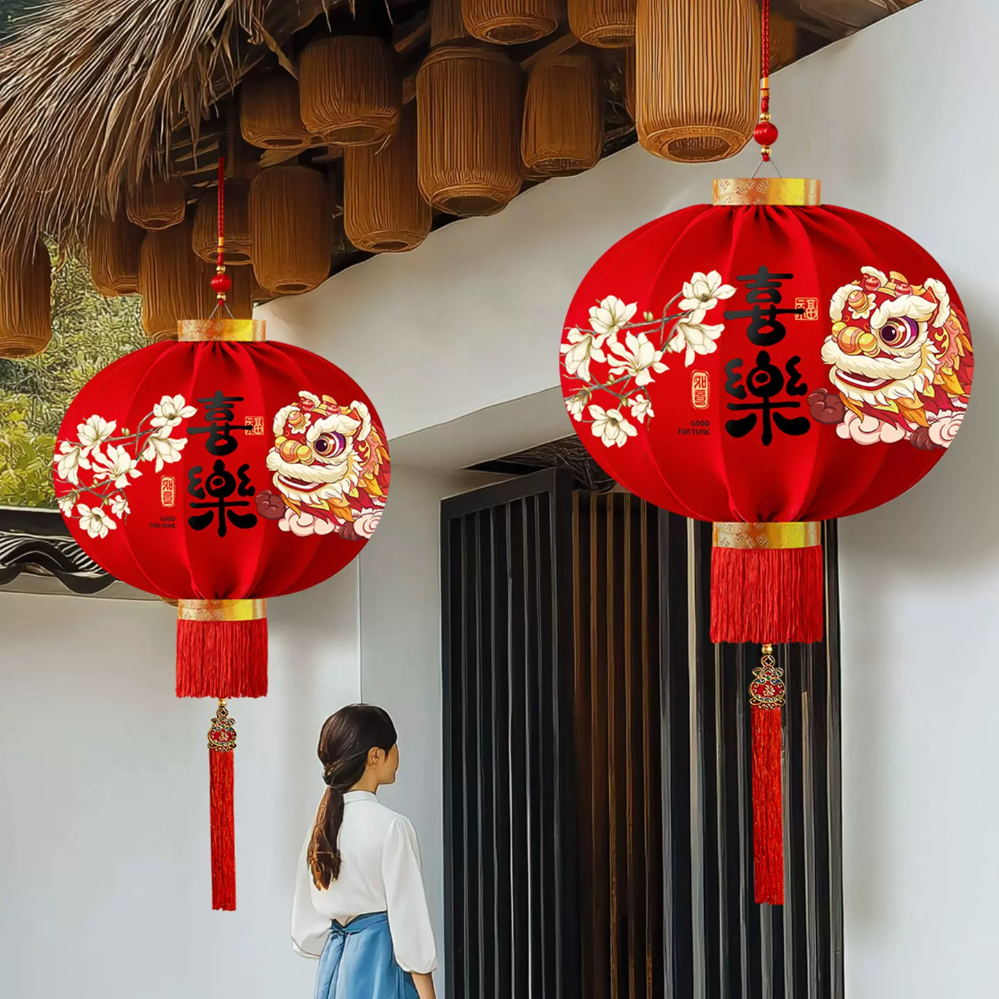 2026新款大红灯笼春节新年装饰门口免插电led灯阳台挂饰绒布灯笼