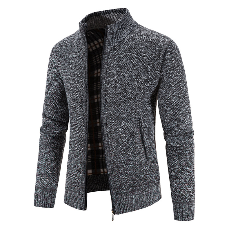 Hombres forrados de lana engrosada cuello de pie cardigan suéter comercio exterior juventud color sólido simple delgado suéter cálido abrigo de moda