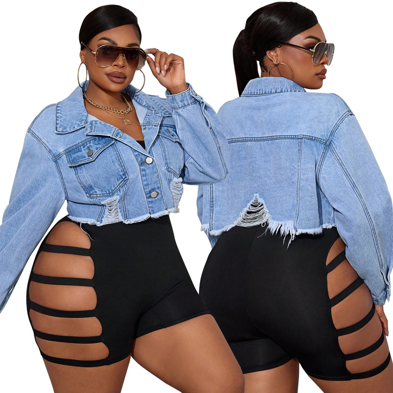Plus Size Distressed Denim Jacket, Light Wash Rip Long Sleeve Coat For Women, Oversized Chic Shacket For Casual Office Wear_ecoleips.com