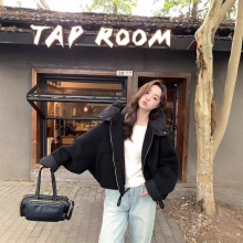 双面呢羊绒大衣女短款小个子韩版宽松连帽羽绒拼接羊毛外套高级感