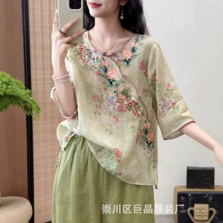 2026夏季新款苎麻衬衫上衣刺绣圆领斜襟盘扣宽松新中式轻薄小衫女