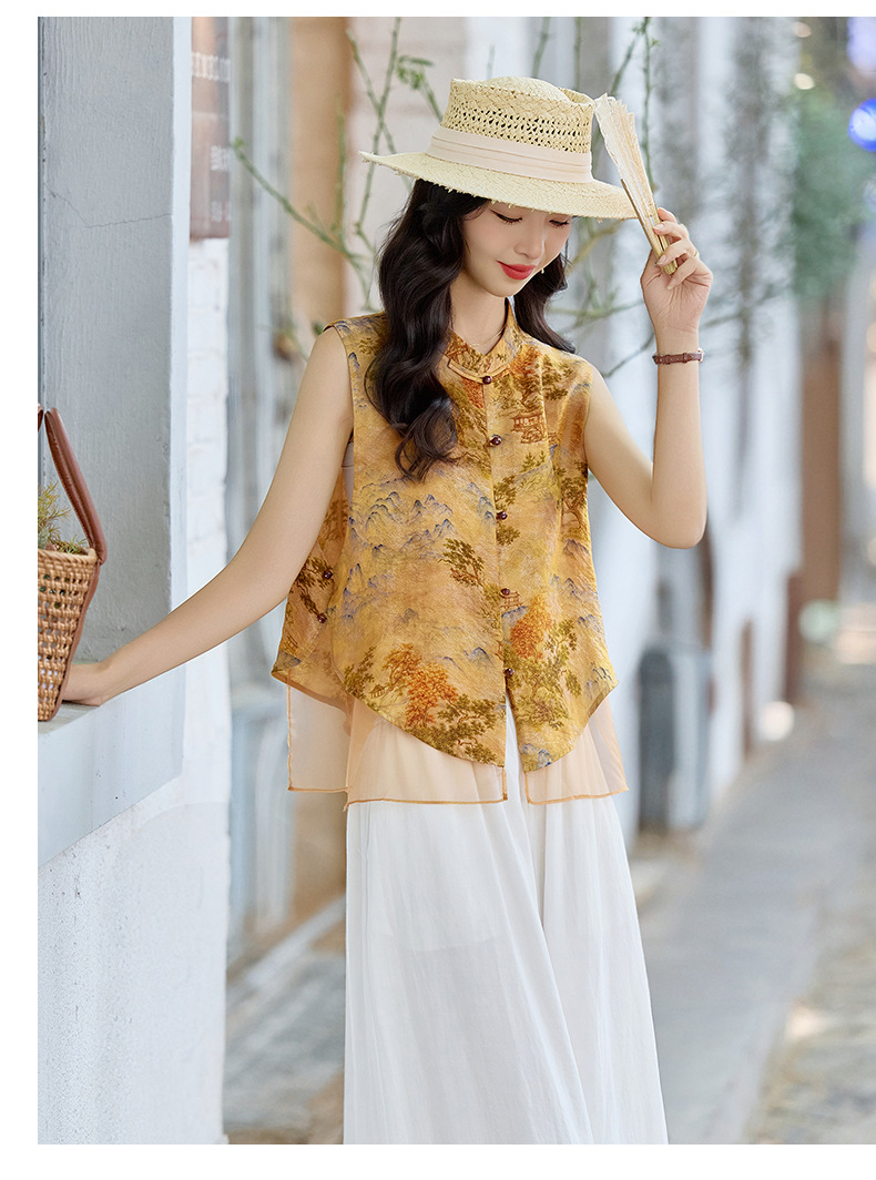 Bộ quần áo nữ hai mảnh gồm áo sơ mi cổ đứng họa tiết jacquard và quần ống đứng — Màu ảnh chi tiết 20
