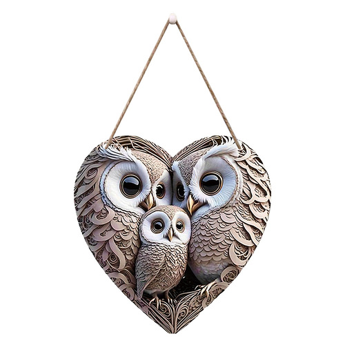 Vintage Creative Heart Shaped Three Owls Wooden Wall Hanging Decoration, Home Decor Door Nameplate