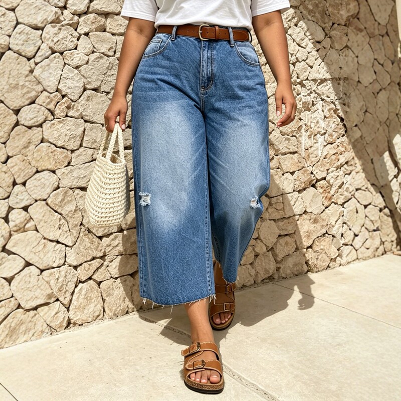 Temu Plus-Size Ripped Wide-Leg Cropped Jeans, Loose Fit, Flattering, Frayed Edges, Vintage Style, Summer Casual Versatile Style Temu Plus-Size Ripped Wide-Leg Cropped Jeans, Loose Fit, Flattering, Frayed Edges, Vintage Style, Summer Casual Versatile Style