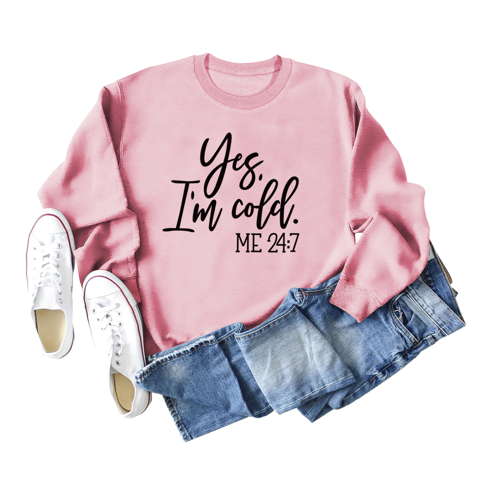 Suéter de punto con estampado de letras casuales sueltos de Amazon Yes 'I'm Cold nueva ropa de mujer de comercio exterior con cuello redondo