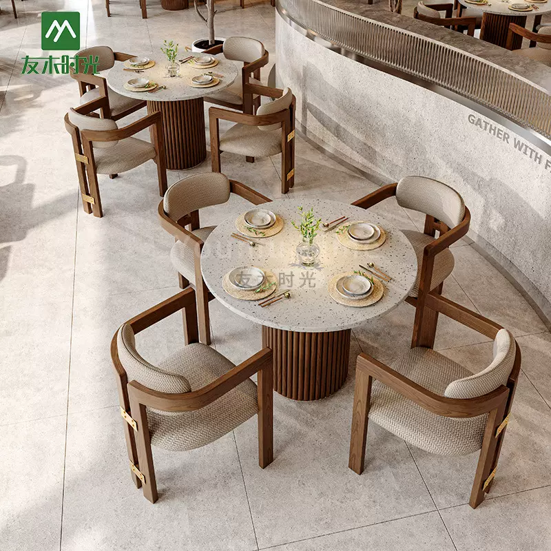 跨境专供餐饮桌椅商用furniture主题餐厅实木餐桌茶楼卡座沙发椅