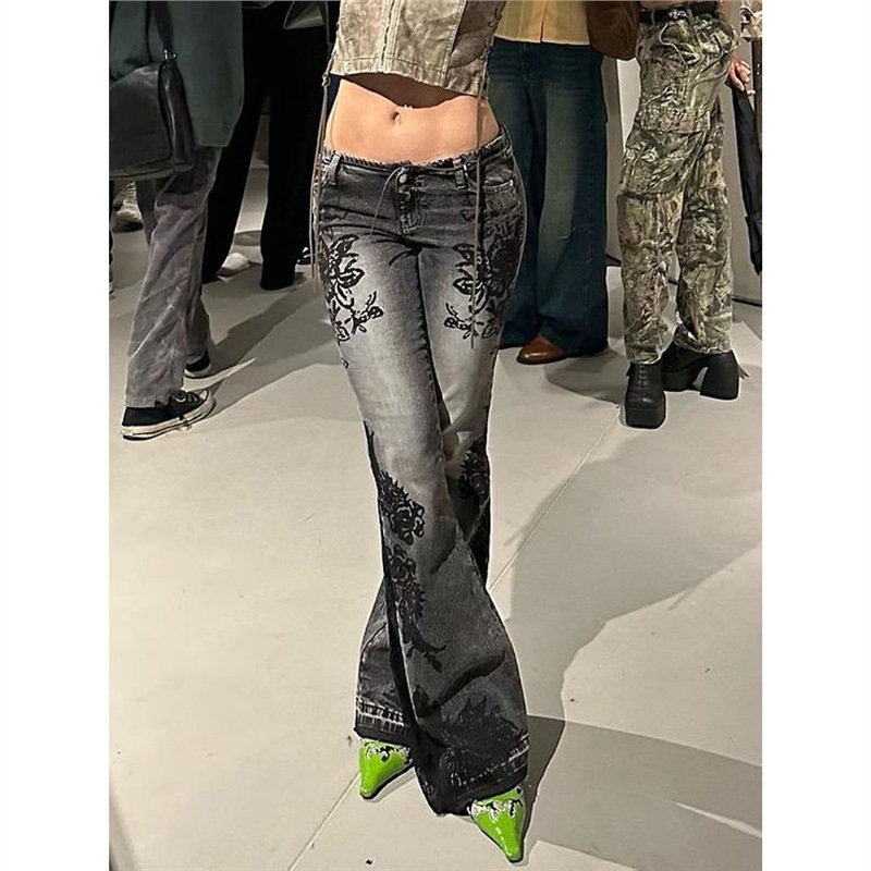 American Style Retro Y2K Millennium Hot Girl Printed Jeans Women's New Low Waist Slim-Fit Slimming Stretch