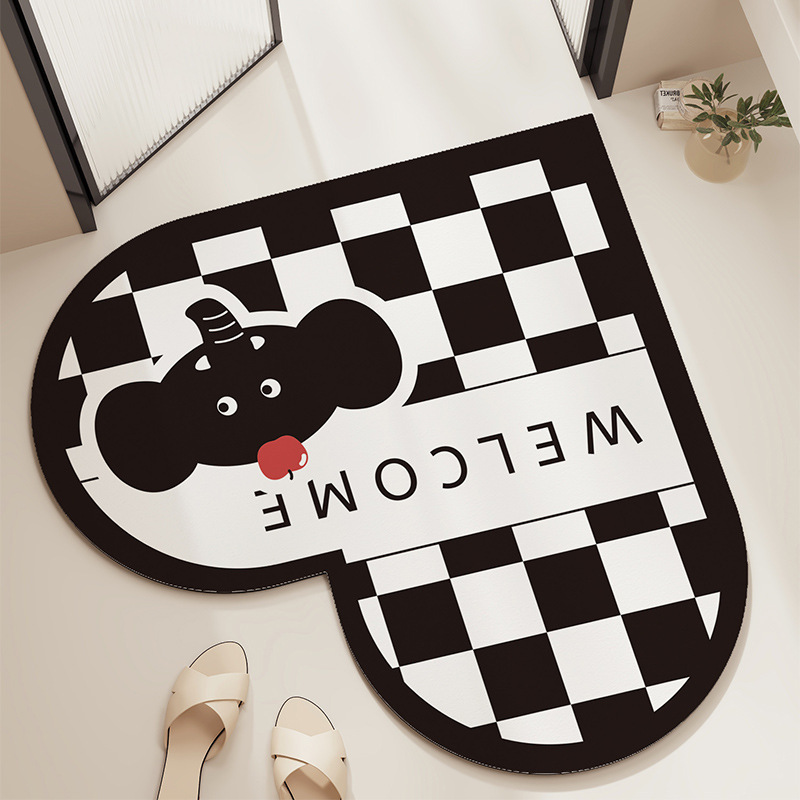 Cartoon Diatom Mud Mat Black and White Lattice Heart-shaped Elephant Bathroom Mat Toilet Door Sink Sludge Anti-slip and Dirty Resistance