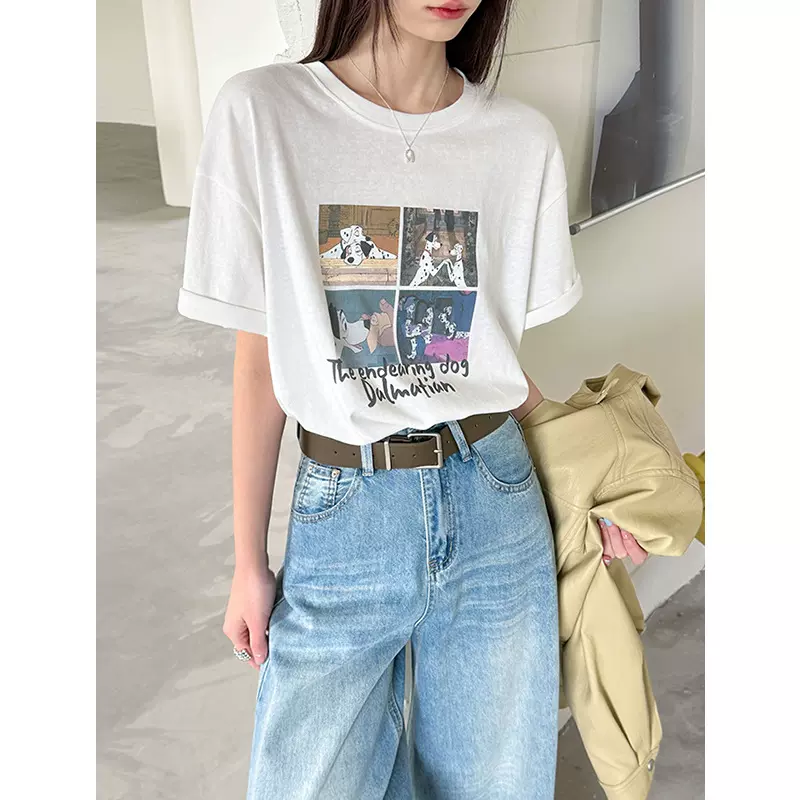 橘芷春季新款小众小狗T恤女夏情侣休闲半袖宽松设计感上衣2610