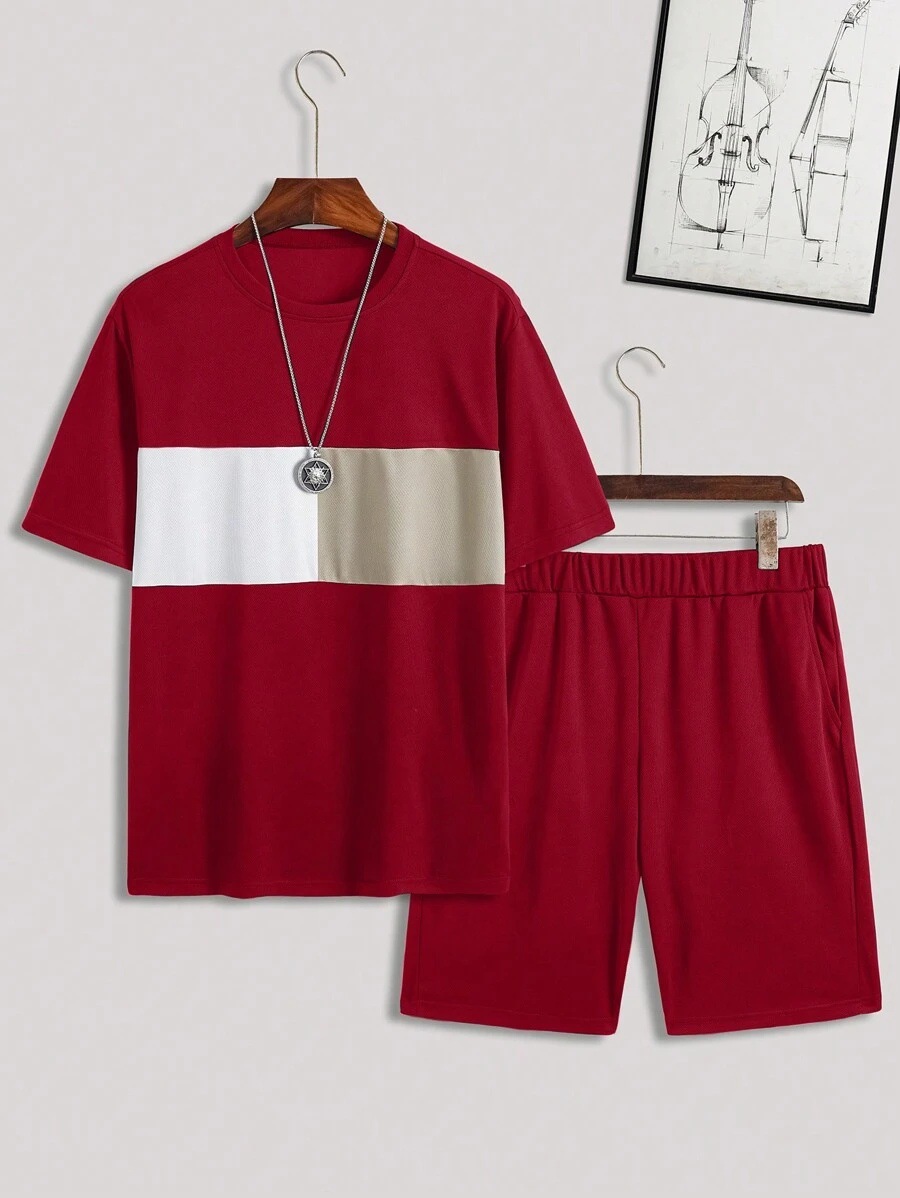 Traje de hombre con estampado digital 3D a rayas en contraste, camiseta, traje deportivo para hombre, cuello redondo, pantalones cortos con cordón de manga corta