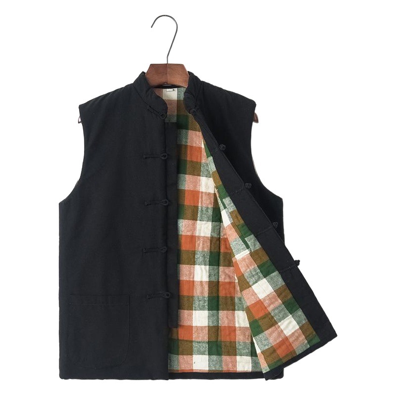 Autumn and winter middle-aged and elderly Tang suit cotton waistcoat coarse cloth Chinese-style cotton waistcoat men's ethnic buckle stand collar cotton-padded vest jacket