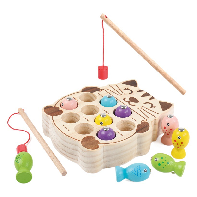 3D tridimensional gatito pesca juguetes juego de pesca magnética para niños rana de Madera Juguetes de educación temprana para niños al por mayor