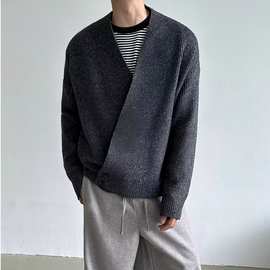 复古老钱风V领毛衣男女同款秋冬斜纽扣慵懒风针织衫情侣开衫外套