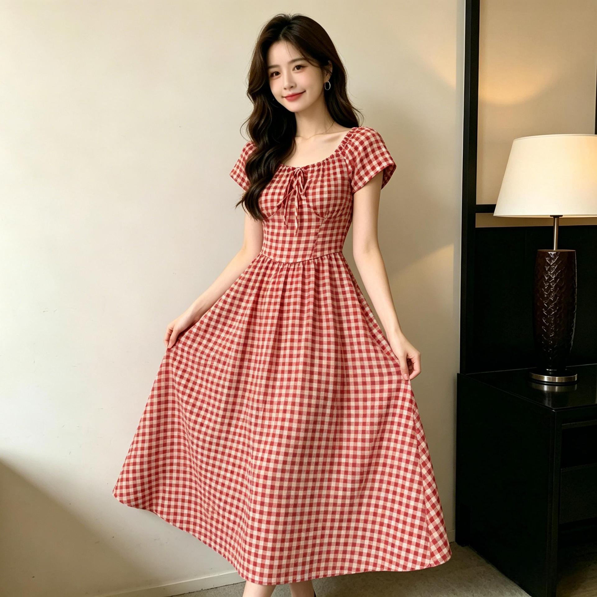 French-style Vintage Red Plaid For Women, New Summer Model, High-end, Waist-cinching, Slimming, Elegant, Resort-style_ecoleips.com
