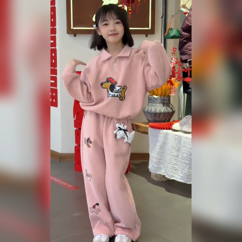 女童秋装腊肠狗卡通立领卫衣套装中大童春秋新款纯色休闲风两件套|undefined