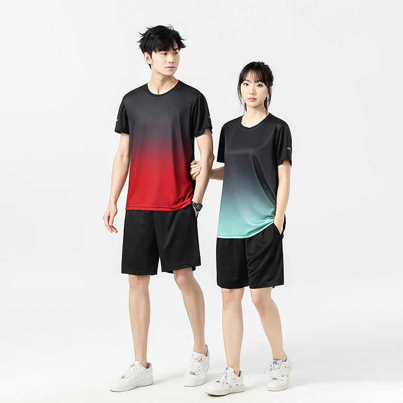 Verano deportivo gradiente pareja juego de correr mangas cortas pantalones cortos hielo rápido secado moda deportivo dos piezas juego al por mayor