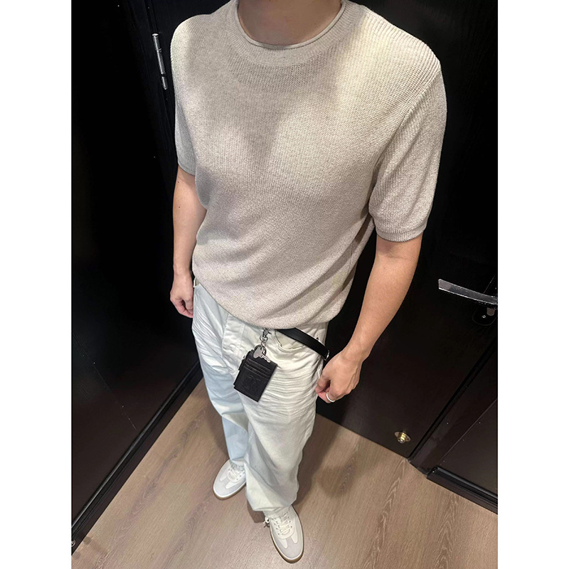 Camisa de punto de manga corta hombre cuello redondo hueco seda de hielo transpirable verano viejo estilo de negocios de color sólido en la fábrica transfronteriza al por mayor