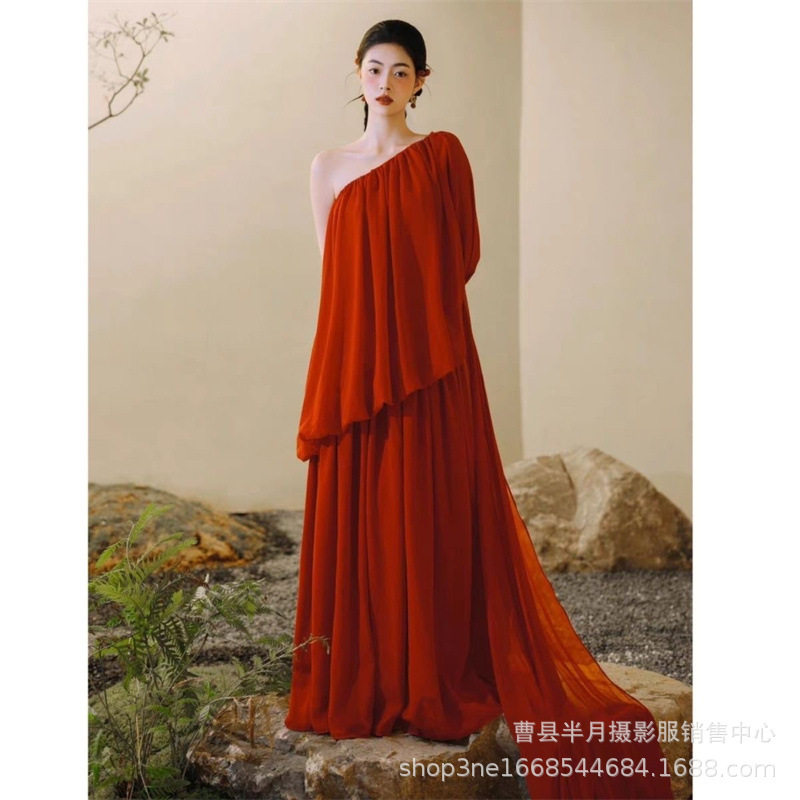 影楼新款中式主题摄影服装红色晨袍氛围连衣裙少女写真艺术照礼服|undefined