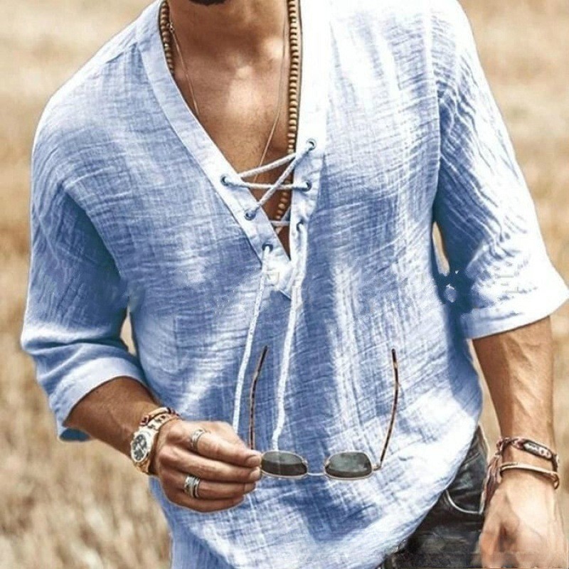 2025 New Summer Style Men's V Neck Lace-Up Linen Mid-Sleeve T-Shirt Casual Beach Style Loose Pure Color Men's Clothing 2025 New Summer Style Men's V Neck Lace-Up Linen Mid-Sleeve T-Shirt Casual Beach Style Loose Pure Color Men's Clothing