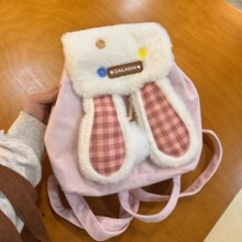 可爱毛绒兔耳朵少女风书包女2026粘甜美灯芯绒拼色盐系趣味双肩包