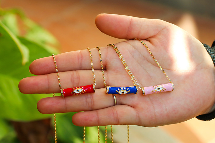 Geometric Pattern Devil's Eye Enamel Eye Pendant Clavicle Bamboo Joint Copper Tube Necklace