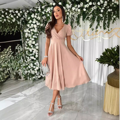 temu summer new commuter pure color deep V-neck waist waist bubble sleeve big swing dress