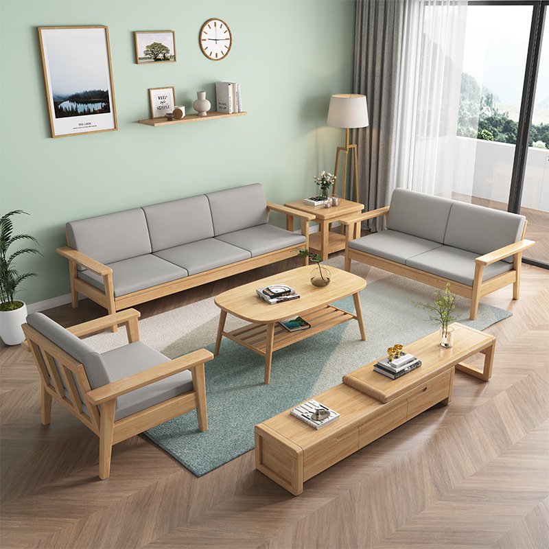 Sofá de madera maciza nórdica simple moderna sala de estar combinación concubina tela invierno y verano de doble uso pequeño apartamento madera muebles de color