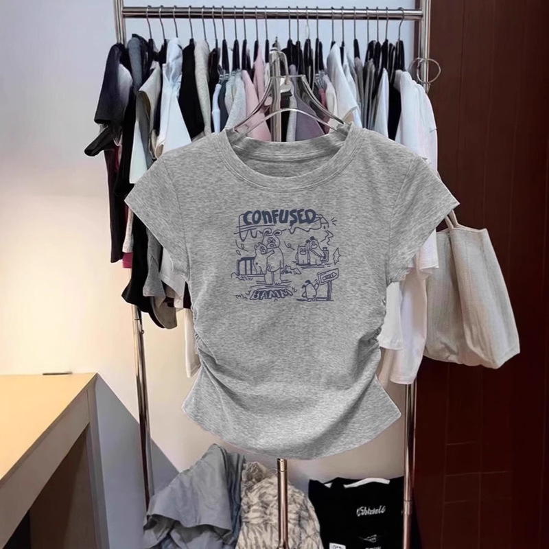 Cartoon Printed Pleated Waisted Grey Crewneck Shoulder Short Sleeve T-Shirt Women's Summer New Short Top