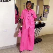 夏季新款非洲套装女装休闲大码外贸欧美风短袖衬衫长裤两件套女夏