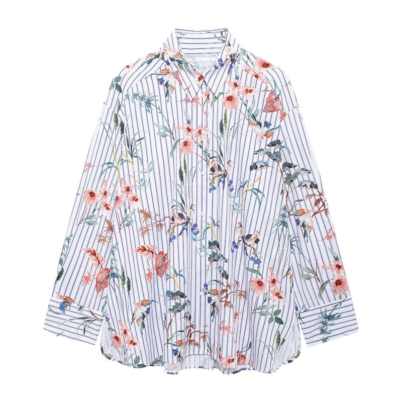 European and American Women's Lazy Style Loose Design Casual Small Floral Printed Striped Shirt Classic Versatile Shirt Long Sleeves European and American Women's Lazy Style Loose Design Casual Small Floral Printed Striped Shirt Classic Versatile Shirt Long Sleeves
