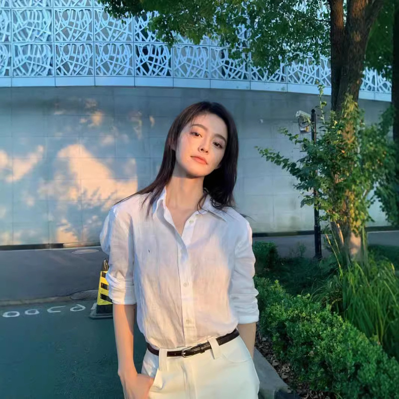 RL High Version Ruff Linen Shirt Pony Logo Embroider Top Women's Casual Loose Niche Sun Protection Cotton and Linen Shirt