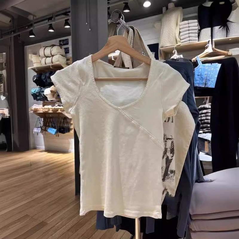 bm Style American Retro Lace Collar Short-sleeVed Top bm Style High-waisted Straight V Neck Cotton T-shirt for Women Trendy