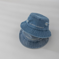 漁夫帽兒童春季韓國同款個性字母刺繡牛仔漁夫帽做舊破洞遮陽盆帽