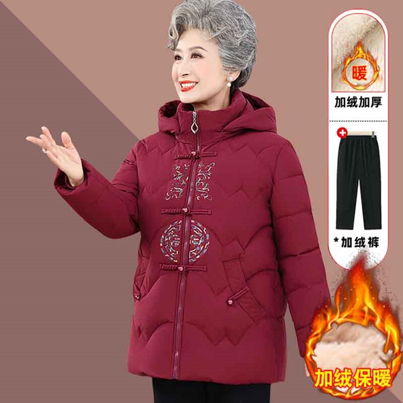 Winter warm and thick hooded cotton coat for middle-aged and elderly women, loose fit, plus size, embroidered design, comfortable and versatile Winter warm and thick hooded cotton coat for middle-aged and elderly women, loose fit, plus size, embroidered design, comfortable and versatile
