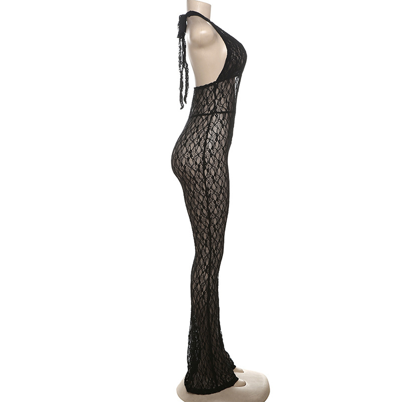 Fall Women Clothing Sexy Halter Deep V Plunge Neck Lace See Through Lace Up Backless Jumpsuit