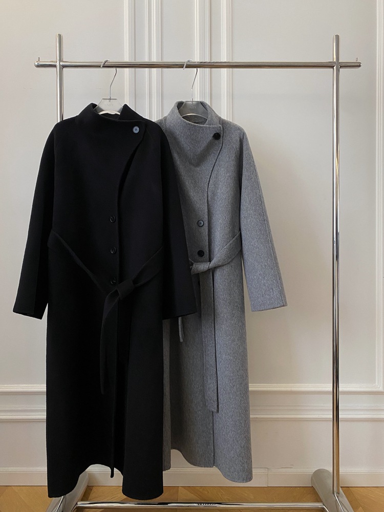 【電子商取引専用】ウール100% グレー タートルネック 両面ウール ロングコート レディース 冬 プレミアムウールコート