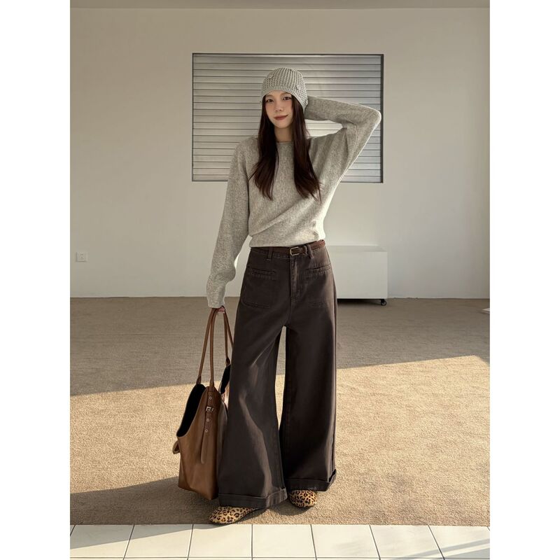 Icciicc Winter Fleece-Lined Simple Loose Wide-Leg Pants with Patch Pockets and Rolled Edges Casual Pants for Women 13 Lines 1516