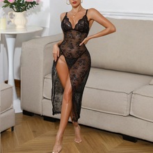 2025新款欧美性感情趣内衣套装 吊带蕾丝透视侧开长款睡衣带丁裤